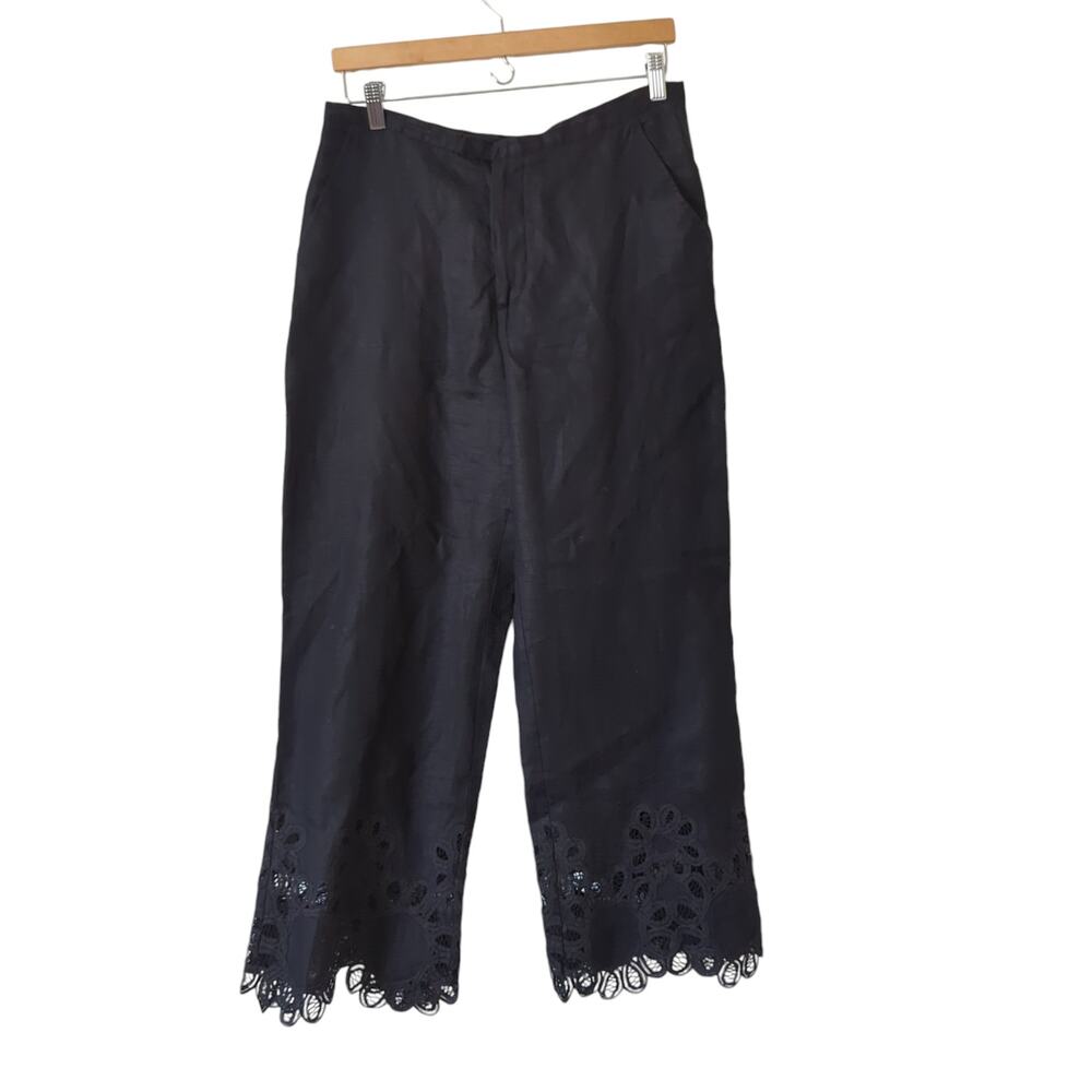 Noa Noa Pants Womens Large 100% Linen Cropped Black Embroidery Wide‎ Leg Trouser